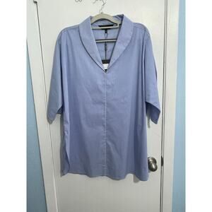 Ming Wang Tunic Blouse Large Blue Striped 3/4 Sleeve Oversized Office Preppy NWT